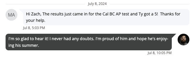 Ty's mother celebrating her son getting a 5 on the AP Calculus BC exam!